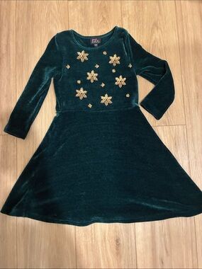 lilt Emerald Green Velvet Dress with Gold Snowflake Embellishments